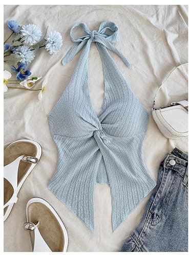 SHENHE Women's Twist Front Tie Halter Neck Split Hem Backless Summer Going Out Crop Top thumbnail 5
