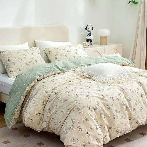 Duvet Cover King Size Floral, 100% Cotton 3 Pieces King Bedding Set Flowers, Garden Style Green Flower Pattern King Flower Duvet Cover, with Zipper Closure, Luxury Breathable Comfy thumbnail 4