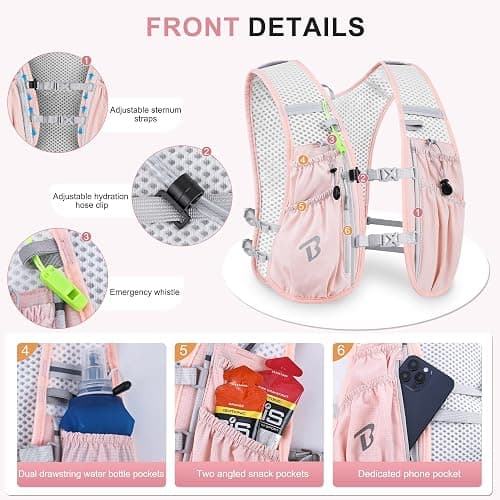 BECOJADDE Running Vest Hydration Backpack for Men Women, 5L Lightweight Running Backpack Hydration Pack for Marathon, Trail, Cycling, Hiking, Jogging thumbnail 2