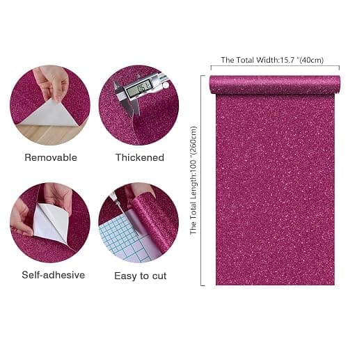 CHIHUT 15.7''x100'' Hot Pink Wallpaper Sparkly Glitter Wallpaper Stick and Peel for Bedroom Walls Self Adhesive Removable Pink Glitter Contact Paper for Cabinets Decorative Fabric Roll for Drawer thumbnail 3