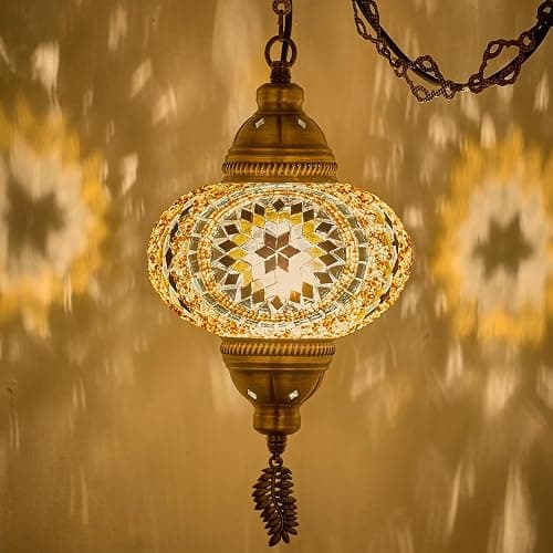 DEMMEX Plug-in Turkish Moroccan Mosaic Hanging Pendant Ceiling Light – Swag Lamp Fixture with 15ft Cord & Chain, Handcrafted Glass, Vintage Tiffany Style, Mediterranean Exotic Decor, Amber Brown | Handcrafted Glass, Mosaic, Exotic Decor, 15ft Cord & Chain, Plug-in - Image 1