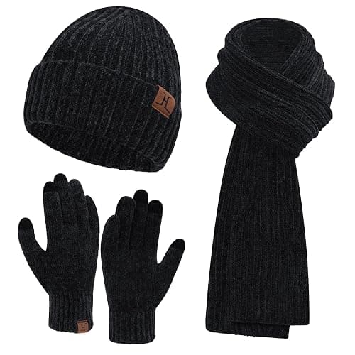 Womens Winter Knit Warm Hat Beanie Long Scarf Touch Screen Gloves Set Skull Caps Neck Scarves for Women - Image 1