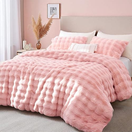 YIKUSH Full Faux Fur Soft Comforter Set, Fluffy Pink Rabbit Fur Comforter | Warm Thick Full Size Bedding Set,Super Fluffy Luxury Pink Comforter for Winter, Easy Care (1 Comforter, 2 Pillowcases) thumbnail 2