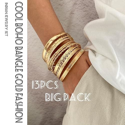 17IF Gold Bangle Bracelet For Women, 14k Multilayer Charm Textured Stackable Bracelets Boho Indian Chunky Cuff Fashion Jewelry Gift thumbnail 3