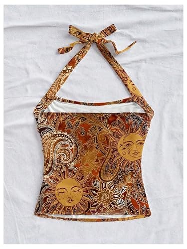 BEAUDRM Women's Paisley Halter Tops Boho Tie Back Fitted Vintage Camisole Tops thumbnail 4