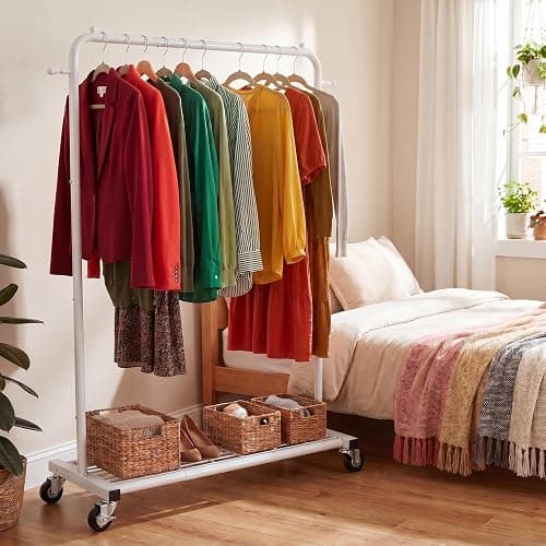 Sywhitta Metal Clothing Rack on Wheels with Mesh Shelf, for Clothes,White | Rolling Garment Rack for Hanging Clothes, Coats, Skirts, 39.76" L x 16" W x 63.78" H,Space-Saving Mobile Organizer for Closet thumbnail 7