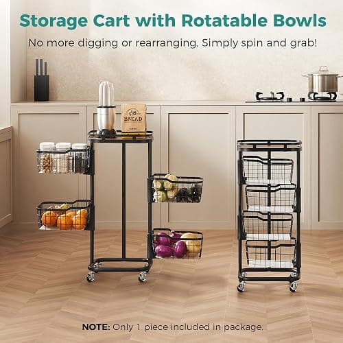 Ocyfym 4 Tier Kitchen Fruit Vegetable Storage Cart with One-Piece Rotating Basket, Pantry Organizer Shelf Rack Floor Stand for Veggie Onion Potato Produce Spice, Rolling Snack Cart on Wheels, Black thumbnail 3