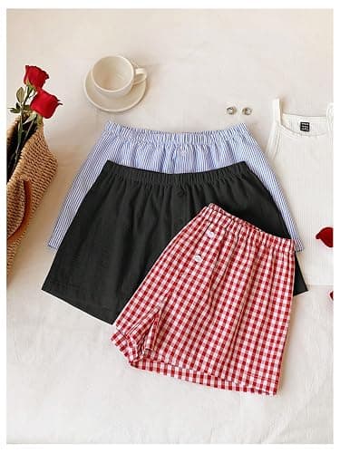 MakeMeChic Women's 3 Pack Linen Shorts Gingham Striped Beach Shorts | Summer, Plaid, Cover Up Shorts thumbnail 3