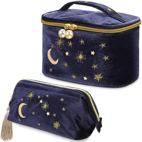 Patelai 2 Pcs Velvet Makeup Bag Moon Stars Cosmetic Bags Goth Embroidered Makeup Pouch Portable Travel Starry Pouch Toiletry Wash Bags Cute Storage Clutch Handbags for Women Gifts(Navy Blue) - Image 1