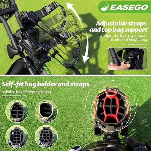 EASEGO Golf Push Cart 3 Wheel : Golf Caddy Pull Cart, One Click Folding Golf Bag Cart Lightweight Compact Golf Trolley with Cooler Bag, Umbrella, Cup & Phone Holder for Different Terrain thumbnail 8