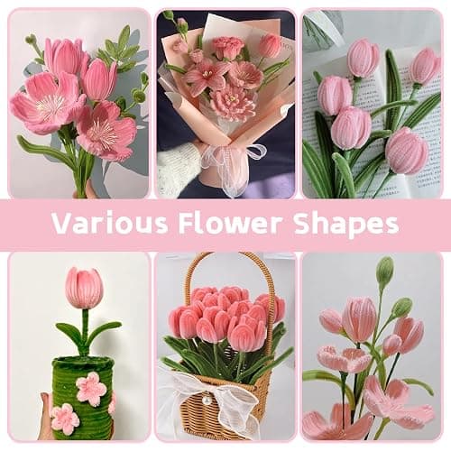 CllyCnny Pipe Cleaners Craft - 400 PCS Chenille Stems DIY Flowers Kit Green Pink 4 Colors Pipecleaners Bulk with Instruction Floral Stems Stamens Tapes Ribbons for Tulips Bouquet Making Supplies thumbnail 7