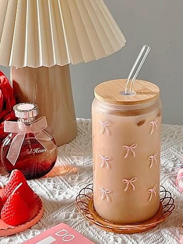 Loihayazea Cute Coquette Pink Aesthetic Bow Glass Cups with Lids and Straws, Preppy Girly Trendy Stuff Gifts for Women Teen Girls, 16oz Iced Coffee Cup, Glass Tumbler, Matcha Cup (Pink Bow) thumbnail 2