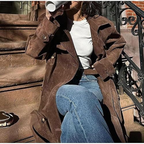 utcoco Womens Faux Suede Long Trench Coat Notched Lapel Double Breasted Pea Coat Overcoat with Belt thumbnail 5