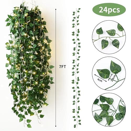 CEWOR 24 Pack 173ft Fake Ivy Vines, Artificial Ivy Garland with 200 LED String Lights, Hanging Plants Greenery Backdrop Green Leaves for Bedroom Room Wall Decor Wedding Party Table Decoration thumbnail 3