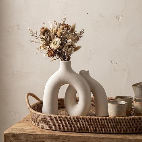 CEMABT Modern Nordic Boho Vase Set - Elegant Beige Matte Ceramic Vase for Living Room, Bookshelf, Mantel, Entryway Table & Console Decor | Home Decor Shelf Decorations Easter Gift thumbnail 8