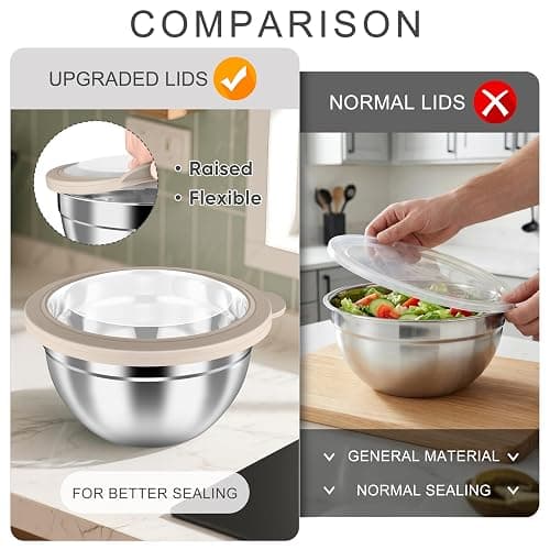 HaWare Mixing Bowls with Clear Airtight Lids, Stainless Steel Nesting Bowls | 6-Piece Metal Salad Bowl for Cooking, Prepping, Baking, Serving & Food Storage, Size 4.6, 3, 1.5QT, Khaki thumbnail 5