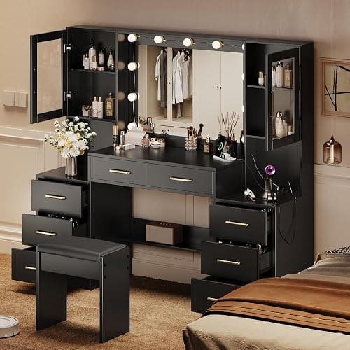 UGTOO Makeup Vanity Desk with Mirror and Lights, 58.3" Makeup Vanity with Lights & Charging Station, Dressing Table Vanity Set White Vanity Table with Cushioned Stool, 8 Drawers & 2 Cabinets Black thumbnail 7