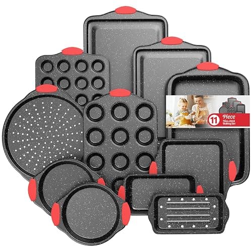 Slow Slog 11-Piece Nonstick Stackable Baking Pans Set, Toxin-Free Bakeware Sets, Baking Pan Set with Silicone Handles, Includes Cookie Sheets, Loaf Pan, Pizza Pan, Muffin Pan, Red&Black - Image 1