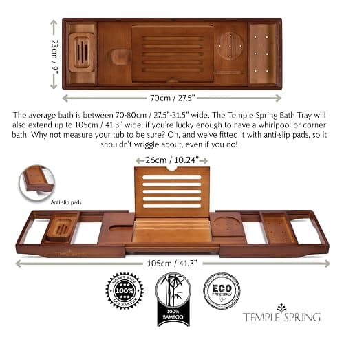 Temple Spring Wooden Bath Tray, Bath Shelf Bathroom Accessory, Home Spa Boards for Adults, Bathtub Caddy, Bamboo Bathroom Accessories Set, Extendable Bathtub Rack with iPad & Phone Holder -Wood Brown thumbnail 3