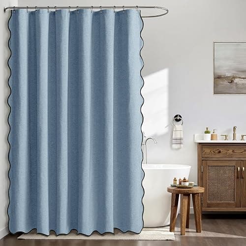MIULEE Moonlight Blue Scalloped Shower Curtain Linen Textured with 12 Metal Hooks Cute Heavy Duty Washable Waterproof Thick Cloth Shower Curtains with Black Border for Bathroom Hotel Bathtub,W72*L72 thumbnail 3