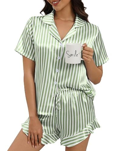 SHEFOTY Silk Pajamas for Women Button Down 2 Piece Satin Pjs Shorts Set Ruffle Notch Collar Sleepwear Loungewear - Image 1