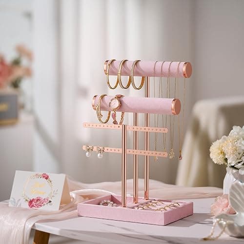 bussdis 3 Tier Bracelet Holder Display - Detachable T Bar Pink Velvet Bracelet Holder, Jewelry Holder Organizer for Bracelet, Necklace, Earrings, Rings thumbnail 7