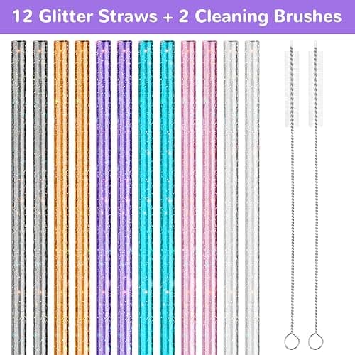 NiHome 12-Pack Glitter Plastic Straws Fit for Stanley 40 oz Tumbler, 12” | Assorted Color Reusable Glitter Drinking Straws Fit for Stanley Cup with Brushes, BPA-Free, with Laser-Induced Sparkle thumbnail 9