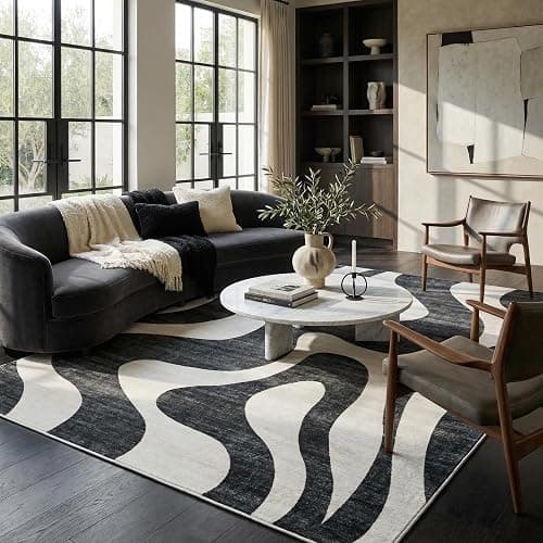 Rug Branch Elliot 7' x 10' (6'7" x 9'6") Black/White Abstract Wave Area Rug, Contemporary, Medium Pile, Stain-Resistant Carpet - Living Room, Bedroom, Dining Room, and Kitchen thumbnail 7