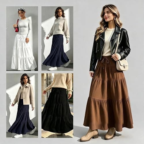 Xuani Maxi Skirt for Women Long Boho Flowy Ruffle Elastic High Waist | Flared, A Line, Decorative Front Tie, Tiered Layer Versatile, Lining, Casual Summer Beach Vacation Outfits, 2026 Spring Fall thumbnail 5