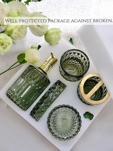 LaMarriti Green Bathroom Accessories Set, 5Pcs Clear Glass Bathroom Set Accessories, Soap Dispenser, Soap Dish, Toothbrush Holder Set, Tumbler, Qtips Holder for Vintage Crystal Bath Decor thumbnail 6