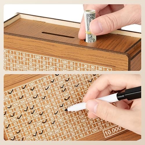 Tirelire en Bois avec Marqueur, 5000€ Tirelire avec Marqueur et Autocollants, Tirelire pour Objectif D'économie, Tirelire Réutilisable (500-10000€) thumbnail 3