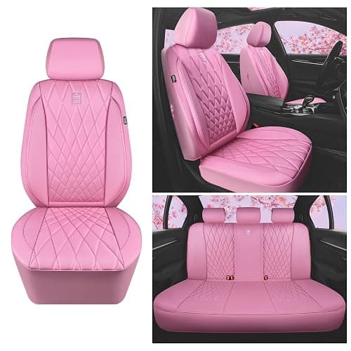 CAR PASS 5 Seats Piping Luxury Leather Seat Covers Full Set, Anti-Slip Waterproof Seat Covers Compatible with Front Armrests, Universal Fit for Suvs,Vans,Trucks,Airbag Compatible, Pure Pink thumbnail 8