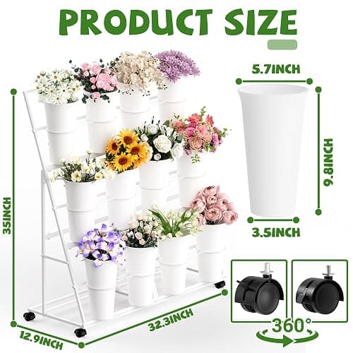 Invech Flower Display Stand with 12 Buckets and Wheels, 3 Tier Flower Cart Display Stand for Indoor Outdoor Garden, Wedding, Flower Shop (White) thumbnail 3