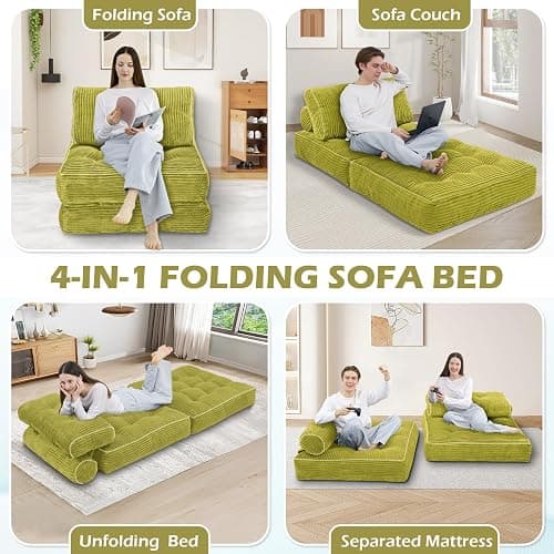 SIMFLAG Folding Sofa Bed, Convertible Sleeper Chair with Pillow & Handle, Foldable Mattress Futon Chair Bed Lounge with Back Support, Comfy Floor Sofa for Living Room Bedroom, DarkGreen, Single thumbnail 7