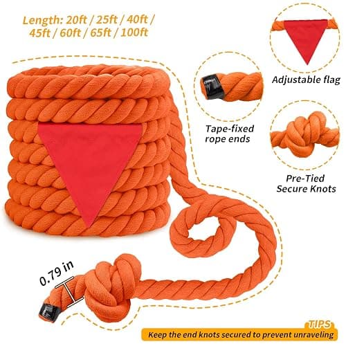 HOKINETY Tug of War Rope for Kids & Adults - 20ft Soft Cotton Outdoor Pulling Rope with Flag for Team Building Activities Field Day Family Reunions Birthday Parties Camping Games- Orange thumbnail 4