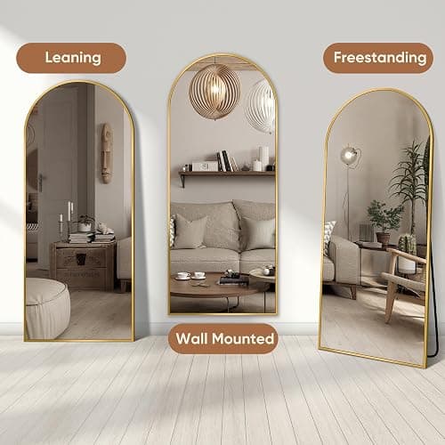 Homsion Full Length Mirror with Stand, 64"x21" Arched Mirror Large Standing Mirrors, Tall Mirrors Body Floor Mirror for Bedroom Living Room Aluminum Frame, Gold thumbnail 5