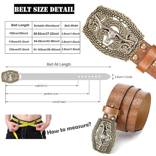 HinyBoeh Western-PU-Leather-Belts for Men and Women Cowboy-Cowgirl Longhorn-Bull-Pattern-Engraved-Buckle-Belt for Unisex thumbnail 2