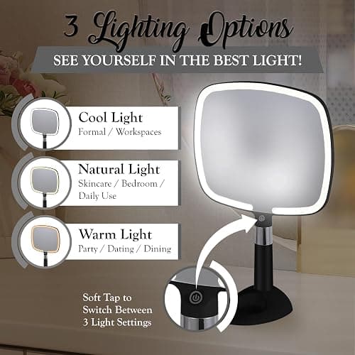 MIRRORVANA Lighted Travel Makeup Mirror - 2 in 1 Handheld & Tabletop LED Mirror with 3 Light Modes, Detachable Stand, and Comfy Handle - 9" x 13" (Black) thumbnail 2