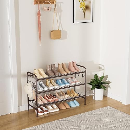 VILICK 3 Tier Shoe Rack 33" Wide Metal Shoe Organizer Long Shoe Storage with 4 Side Hooks Sturdy Shoes Shelf for Front Door Entrance, Closet, Garage, Dorm, Brown thumbnail 2