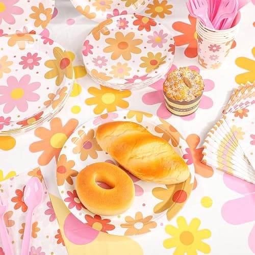 Groovy Party Supplies Daisy Groovy Tableware Set Serves 24 Include Boho Daisy Tablecloth Hippie Tableware Set for Boho Hippie Retro Birthday Baby Shower Party Decor thumbnail 4