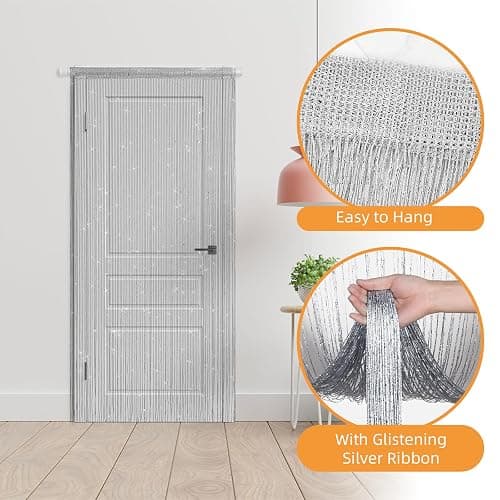 4 Pieces Glitter String Curtains Doorway Beads Curtains, 39 x 79 Inch Hanging Fringe Hippie Room Divider Door String Curtain Boho Doors Tassel for Doorways, Windows, Closet, Privacy Decor (Silver) - Silver thumbnail 4