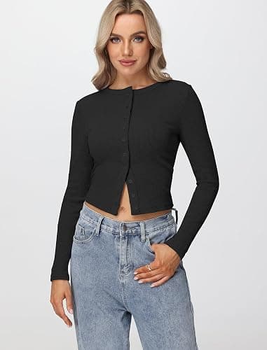 Matunana Womens Long Sleeve Tops Fall Lightweight Cardigan Cropped Going Out Shirts Ribbed Button Down Cute Trendy 2025 thumbnail 2