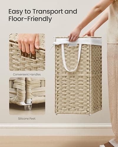 SONGMICS Laundry Hamper with Lid, 17.2 Gallon (65L) Synthetic Rattan Clothes Laundry Basket with Lid and Handles, Foldable, Removable Liner, Summer Sand ULCB165LZ01 thumbnail 5