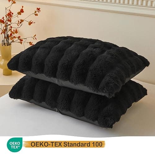 LIFEREVO 2 Pack Fluffy Faux Rabbit Fur Pillow Cases, Luxury Soft Plush Shaggy Bubble Pillowcases Standard Size with Zipper Closure, Furry Fuzzy Long Pillow Shams for Bedroom Living Room 20x26, Black thumbnail 3