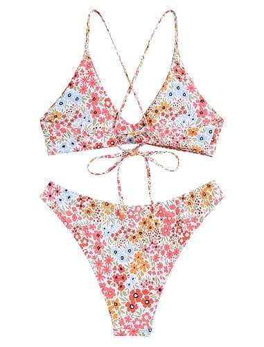ZAFUL Women's Tie Back Padded High Cut Bralette Bikini Set Two Piece Swimsuit thumbnail 3