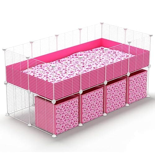 TINY ROYALS 32 Panels 2x4 Pink C&C Cage for Guinea Pigs with Stand 56x28 in Space-Saving 5mm Waterproof coroplast Washable Fleece Liner and 4 Storage Boxes Small Animal Playpen Bunny Cage Hedgehog - Image 1