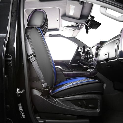 JOJOBAY Chevy Silverado Seat Covers,Leather Seat Covers for GMC Sierra,Custom Fit 2007-2026 1500 2500HD 3500HD Crew Double Extended Regular Cab,LT LZT RST Trail Boss(Front Pair,Black Blue) thumbnail 7