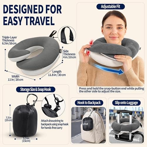 BUYUE Travel Neck Pillows for Airplanes, Memory Foam 360° Head Support Sleep for Long Flight, Skin-Friendly & Breathable, Kit with Eye Mask, Earplugs and Storage Bag (Adult, Grey, 90+ lbs) thumbnail 5
