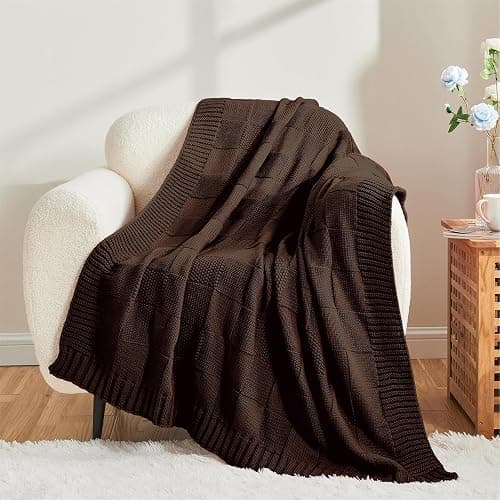 CozeCube Check Knit Throw Blanket, Dark Brown Checkered Throw for Couch, Decorative Christmas Soft Cozy Warm Knitted Blanket for Bed Sofa Living Room, 50"X60" thumbnail 3