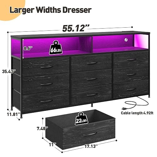 55” W Black Dresser for Bedroom with Charging Station & LED Light, 65/55/50 Inch TV Stand with 9 Fabric Drawers, Sturdy Chest of Drawers with 2 Wooden Open Shelves for Bedroom, Dorm, Living Room thumbnail 3